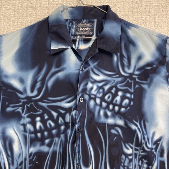 Y2K Urban Rags Skull Blue Flame AOP Shirt Black Men Sz 2XL Goth Cyber Punk Emo - Picture 7 of 16